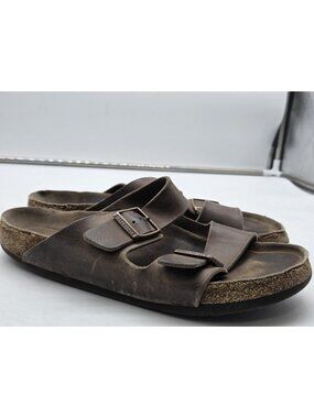 Birkenstock Arizona Sandals Shoes Mens Size 44 Brown Leather Double Strap Damage